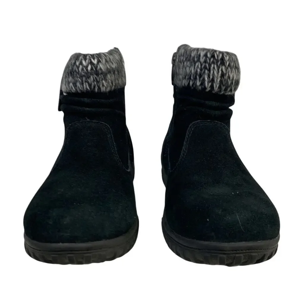Khombu Womens 6 Black Ankle All Weather Boots Suede Round Toe Knit Top Shoes